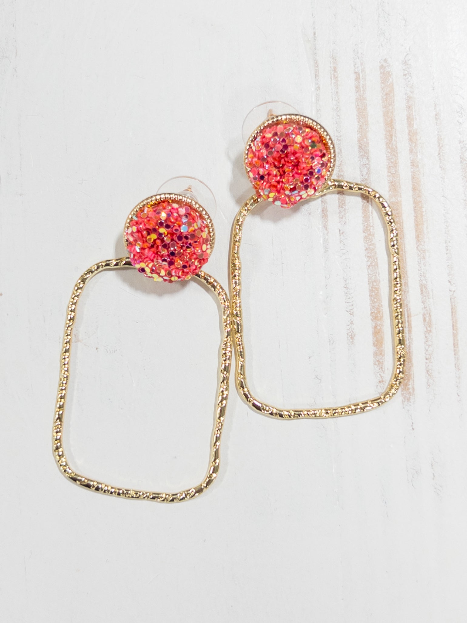 Glitter Top Hoops- Bright Coral Rectangle Earrings