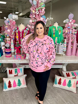 QUEEN OF SPARKLE CHRISTMAS LIGHTS SWEATSHIRT-PINK