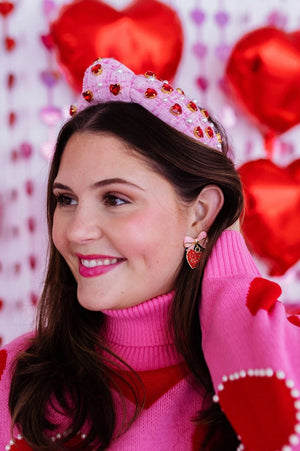 Pink Tweed Headband with Red Hearts and Pearls