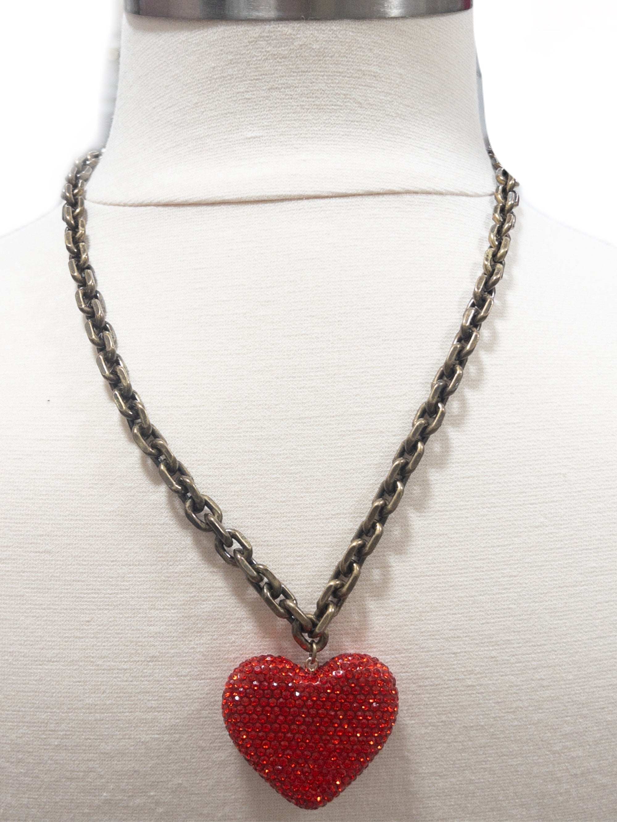 BRONZE CHAIN RED RHINESTONE HEART PINK PANACHE  XLONG NECKLACE