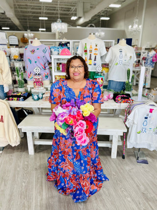 BECCA BLUE FLORAL PALMER MAXI DRESS