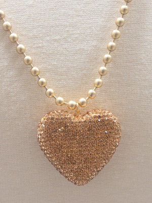 TAN CHAIN CHAMPAGNE RHINESTONE HEART PINK PANACHE  XLONG NECKLACE