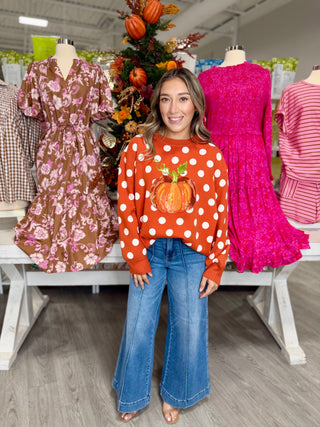 QUEEN OF SPARKLES ORANGE POLKADOT PUMPKIN SWEATER