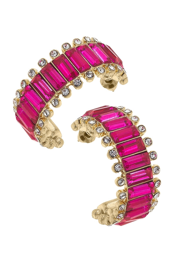 Fuchsia-Katherine Rhinestone Baguette Hoop Earrings