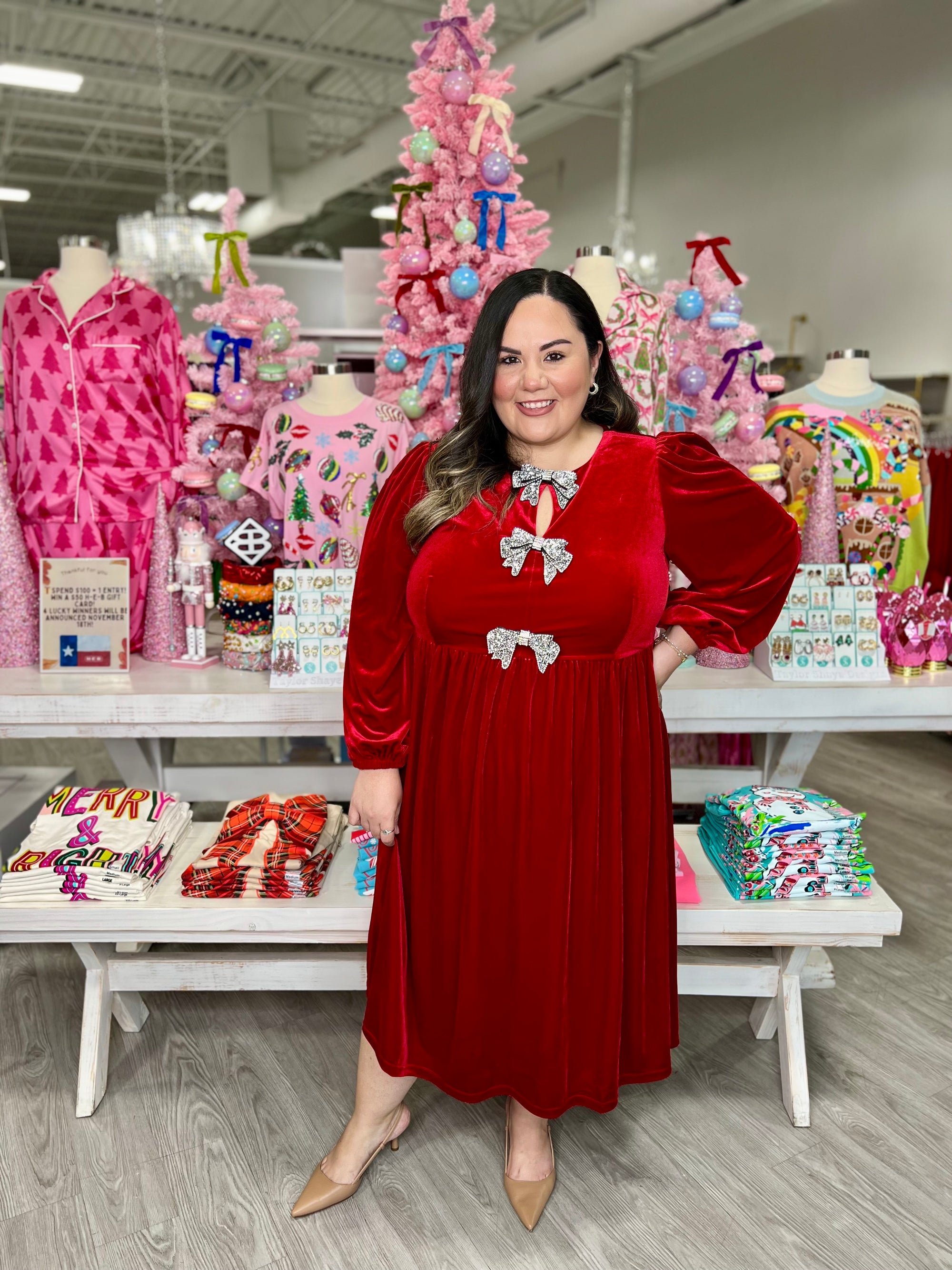 SANTAS FAVORITE BOW VELVET MIDI DRESS