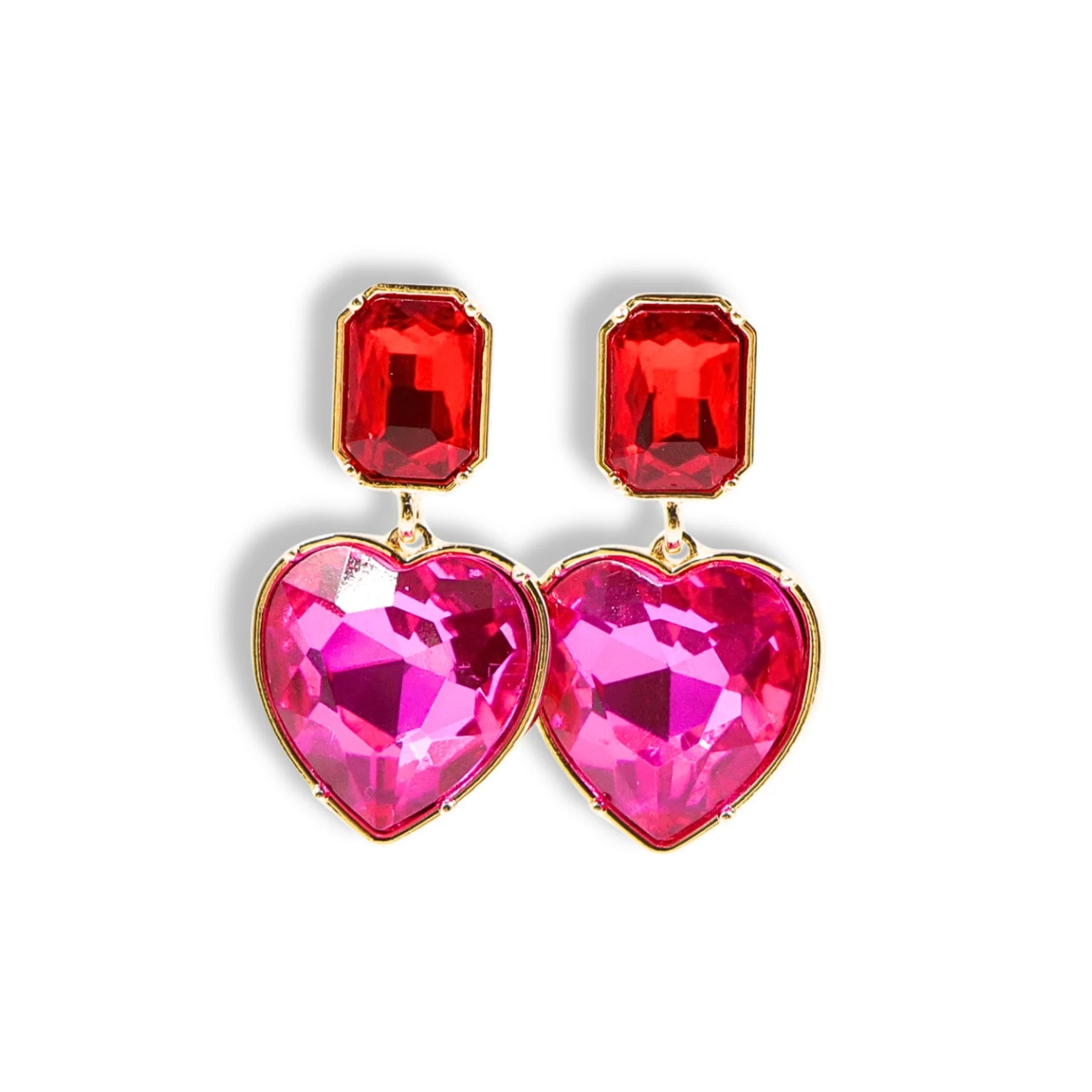 Pink Crystal Heart Earrings with Red Crystal top