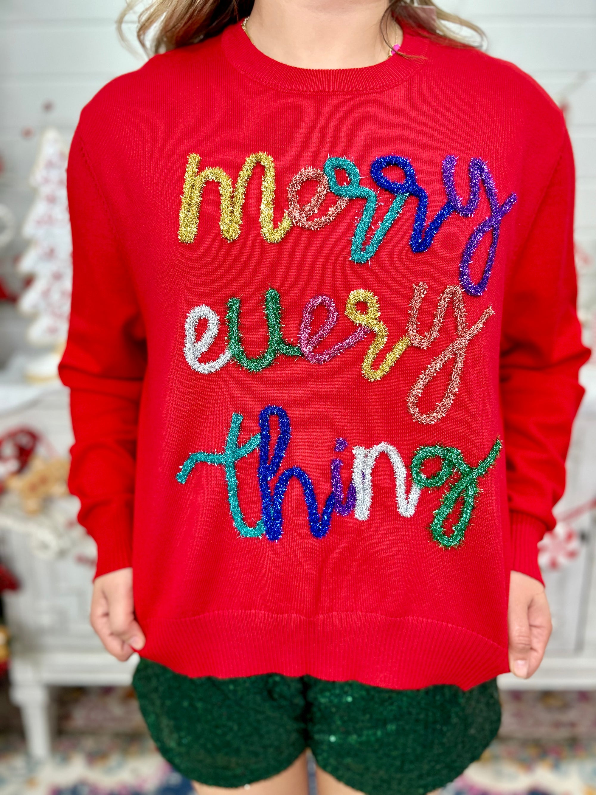 RED MERRY EVERYTHING GLITTER SWEATER