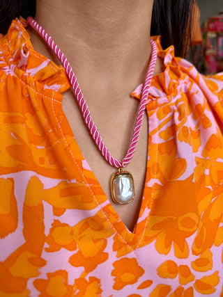 Hot Pink Rope Necklace-pearl rectangle