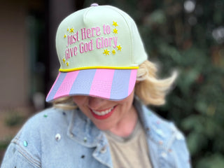 Embroidered Baseball Cap - "...Give God Glory" -Green + Pink