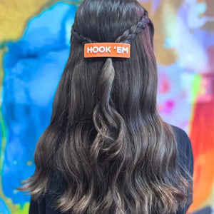 Texas Burnt Orange Hook'em Horns Rectangle Barrette Clip