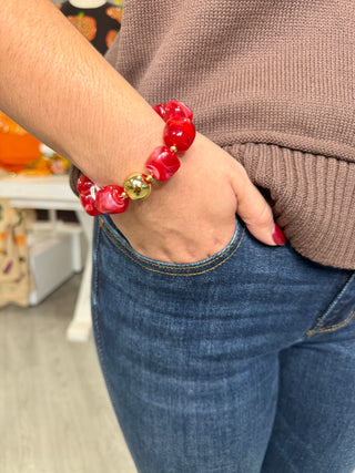 Stretch Bracelet with Gold Statement Bead - RED BROWN