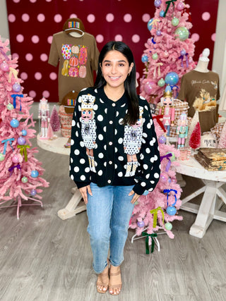 Queen of Sparkles - Black & White Polka Dot Nutcracker in QOS Button Up Cardigan