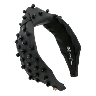 Black Vegan Leather Headband with Hand-Sewn Glass Beads