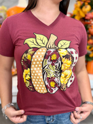 Floral & Patterned Pumpkin V-Neck Tee