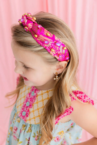 BRIANNA CANNON CHILD SIZE PINK & GOLD FLORAL HEADBAND WITH GOLD BEADS & PINK CRYSTALS