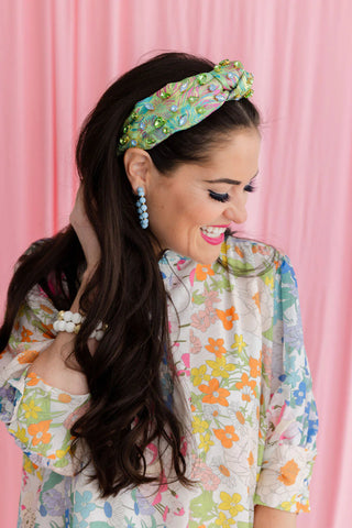 BRIANNA CANNON ADULT SIZE BRIGHT GREEN FLORAL HEADBAND WITH PINK AND BLUE