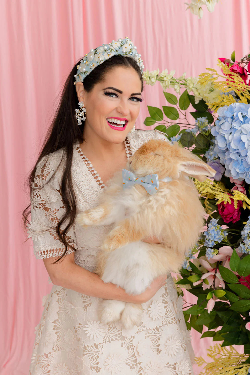 BRIANNA CANNON ADULT SIZE LIGHT BLUE & WHITE FLORAL HEADBAND WITH CRYSTALS & PEARLS