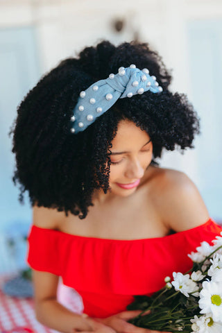 BRIANNA CANNON DENIM & PEARLS HEADBAND