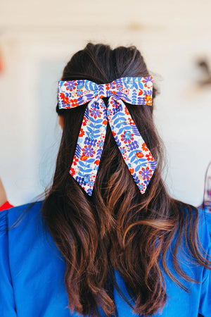 BRIANNA CANNON FLORAL AMERICANA BOW BARRETTE WITH CRYSTALS & PEARLS