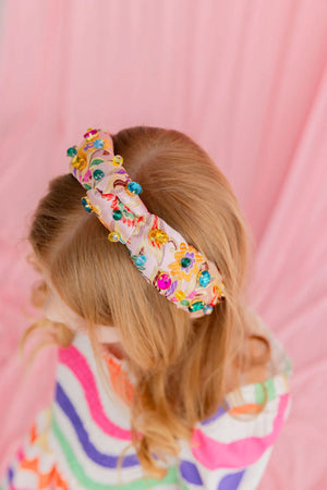 BRIANNA CANNON CHILD SIZE COLORFUL FLORAL BROCADE HEADBAND WITH MULTICOLOR CRYSTALS
