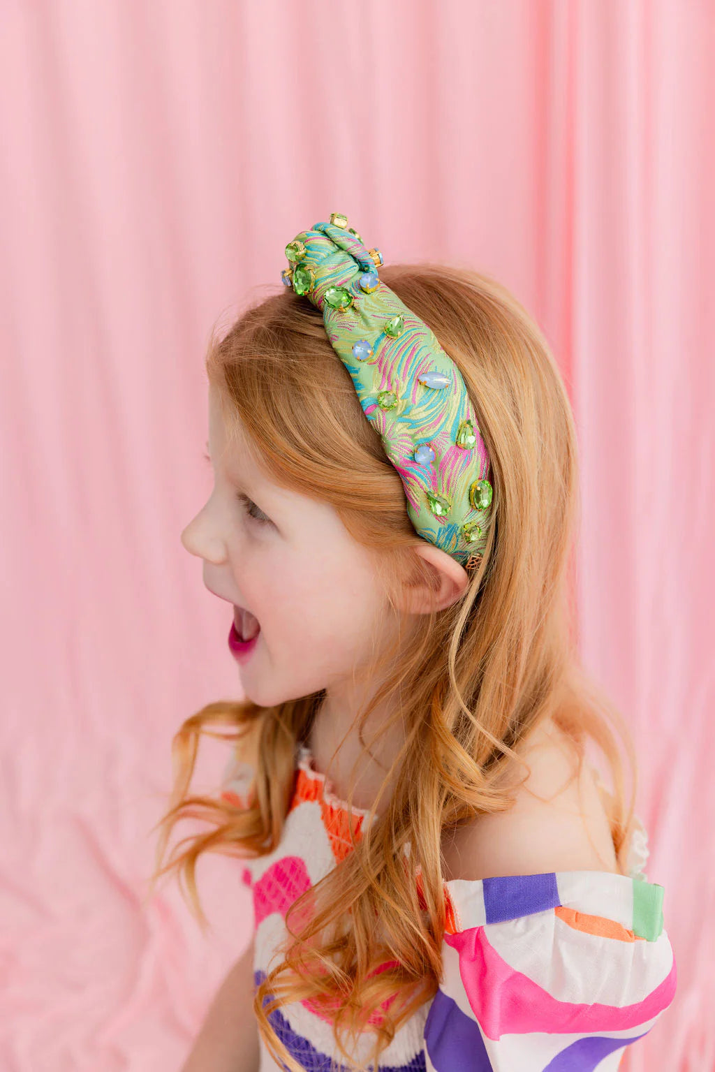 BRIANNA CANNON CHILD SIZE BRIGHT GREEN BROCADE HEADBAND WITH PINK AND BLUE