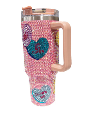 QUEEN OF SPARKLES PINK CONVERSATION HEART RHINESTONE TUMBLER