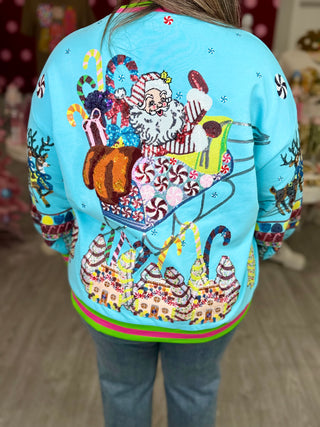 Queen of Sparkles - Aqua Vintage Santa Gingerbread House Sweatshirt