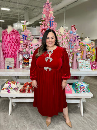 SANTAS FAVORITE BOW VELVET MIDI DRESS
