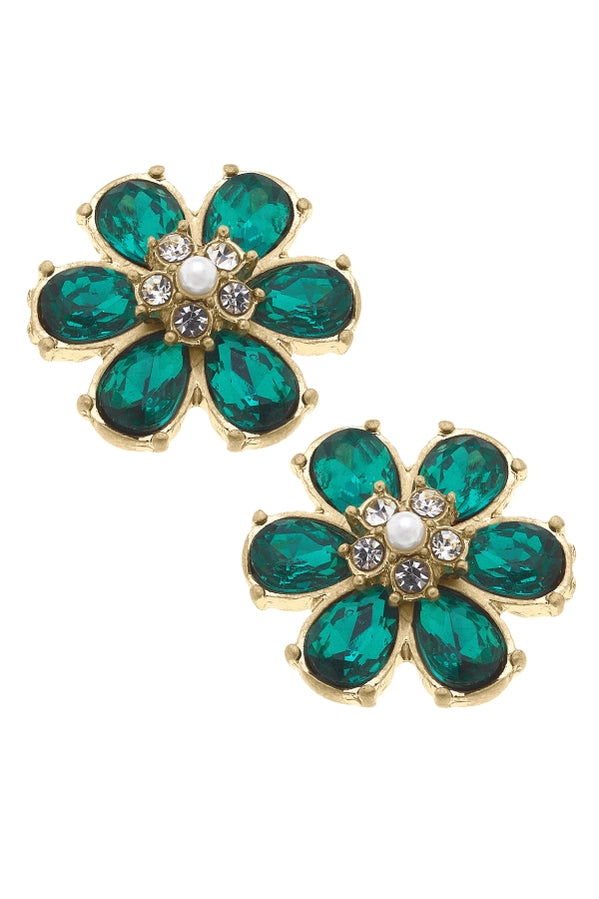 Emerald- Brooke Rhinestone & Pearl Flower Stud Earrings