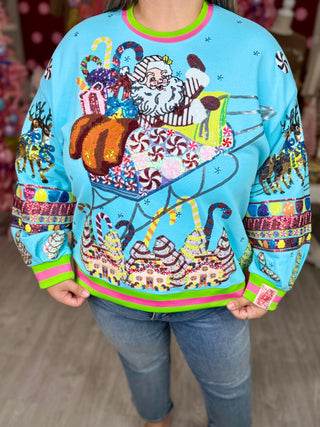 Queen of Sparkles - Aqua Vintage Santa Gingerbread House Sweatshirt