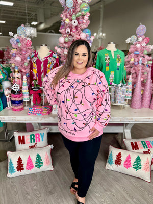 QUEEN OF SPARKLE CHRISTMAS LIGHTS SWEATSHIRT-PINK