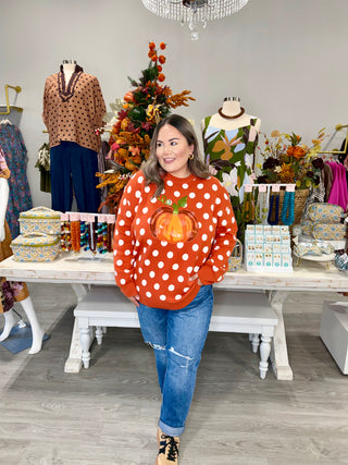 QUEEN OF SPARKLES ORANGE POLKADOT PUMPKIN SWEATER