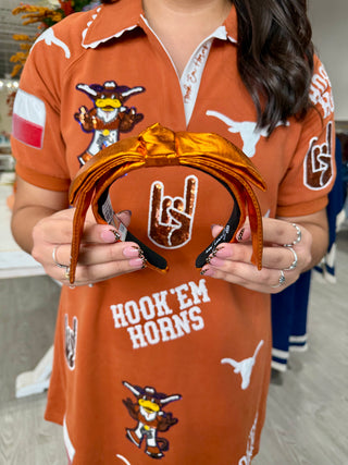 Texas Burnt Orange Thin Embroidered Ribbon Bow Headband