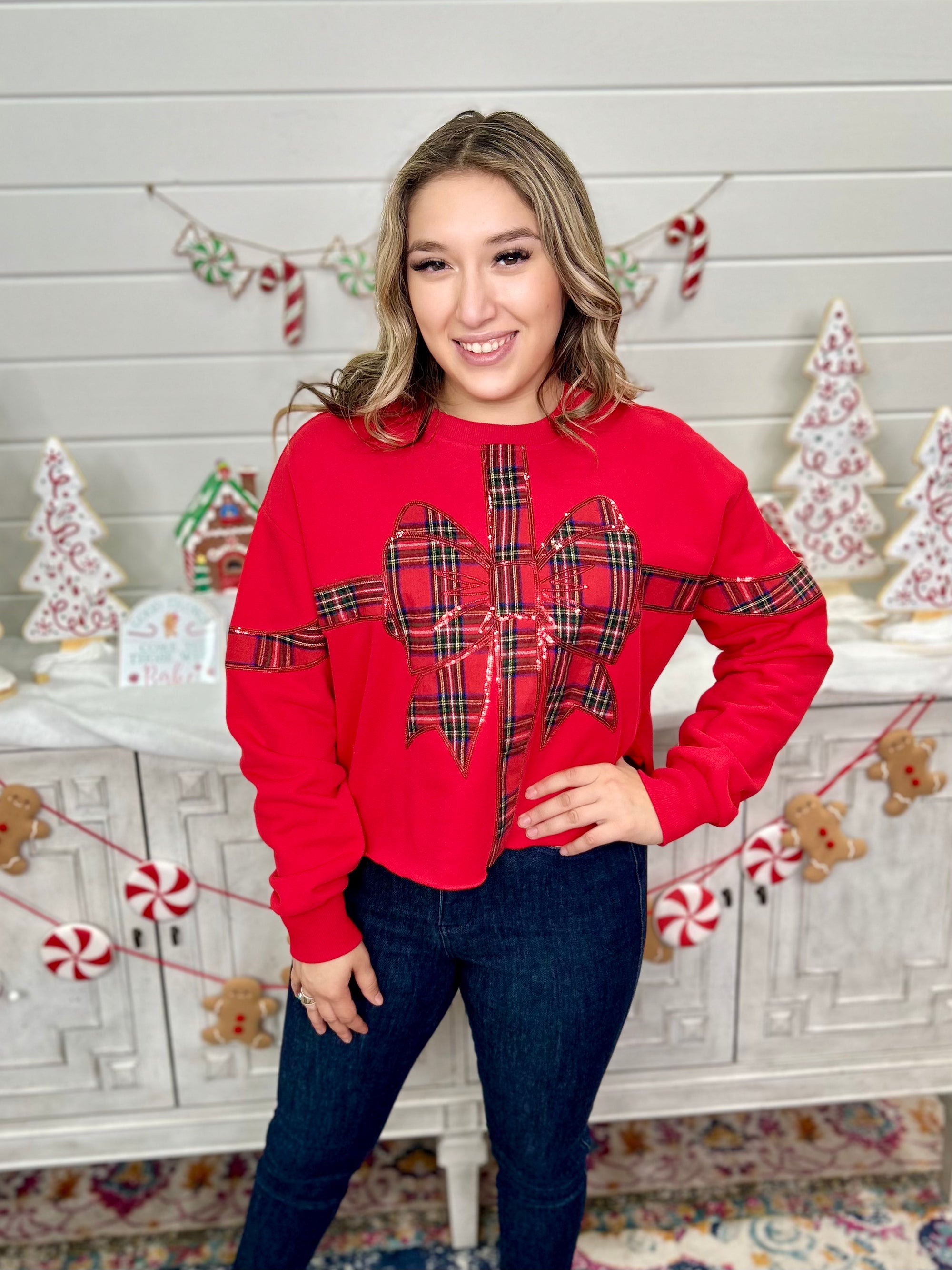 RED PLAID BOW SWEATSHIRT