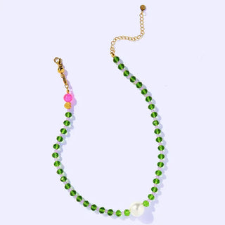 ANNALISE Beaded Necklace - Green + Purple w/ Large Pearl
