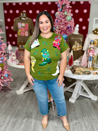 Queen of Sparkles Green Multi Christmas Cowboy Boots Tee