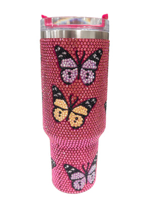 QUEEN OF SPARKLES PINK BUTTERFLY RHINESTONE TUMBLER