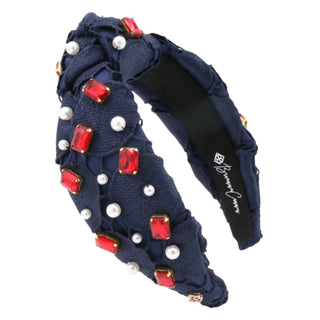 Navy Lace Headband with Red Crystals & Pearls