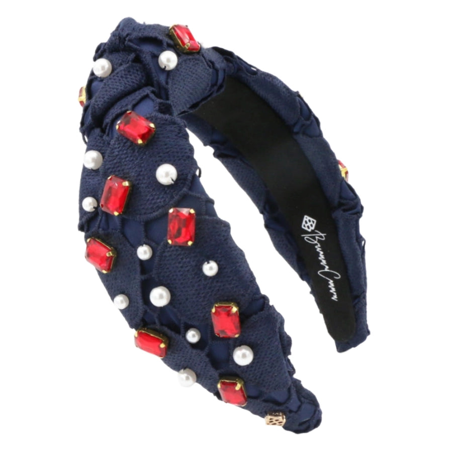 Navy Lace Headband with Red Crystals & Pearls
