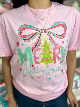 MERRY CHRISTMAS BOW PINK TEE