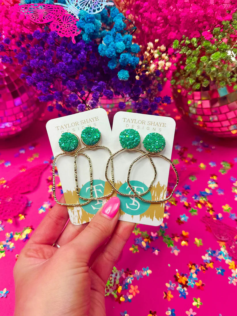 Glitter Top Hoops- Green /Round