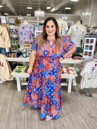 BECCA BLUE FLORAL PALMER MAXI DRESS