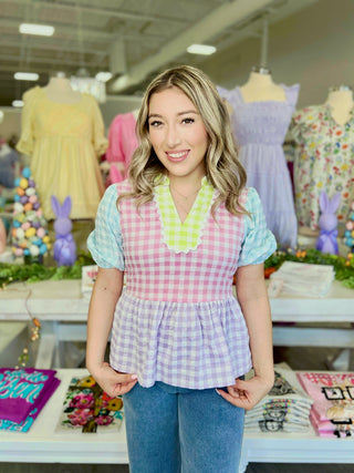 Color Block Gingham Peplum Top