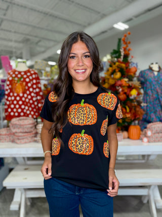 QUEEN OF SPARKLES BLACK LEOPARD PUMPKIN TEE