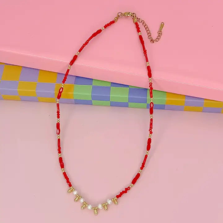 Pearls Beads Necklace-RED