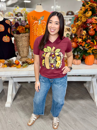 Floral & Patterned Pumpkin V-Neck Tee