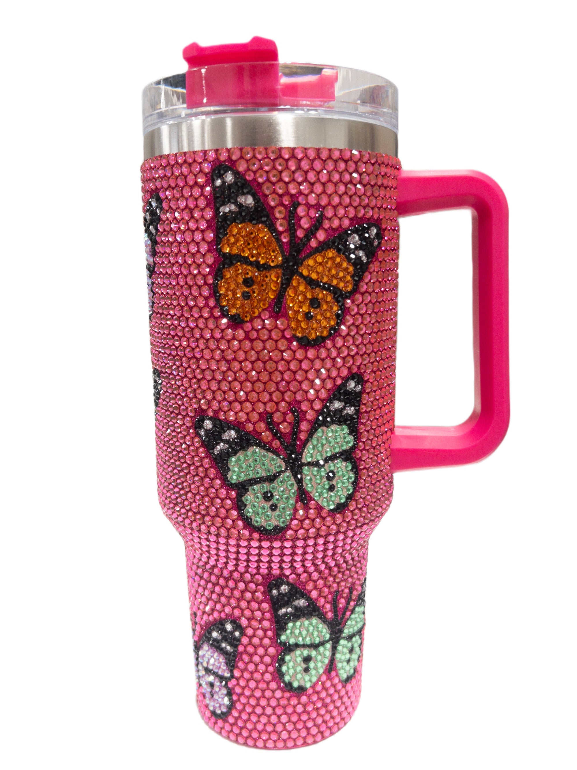 QUEEN OF SPARKLES PINK BUTTERFLY RHINESTONE TUMBLER