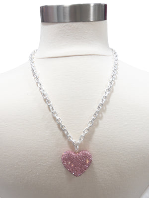 SILVER CHAIN PINK RHINESTONE HEART PINK PANACHE  XLONG NECKLACE