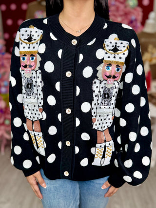 Queen of Sparkles - Black & White Polka Dot Nutcracker in QOS Button Up Cardigan