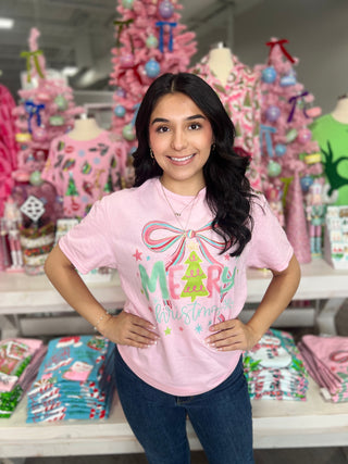 MERRY CHRISTMAS BOW PINK TEE